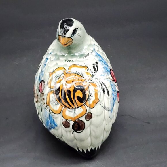 Signed Mexican Ceramic Glazed Bird Figure Floral Sitting Facing Back VTG 5" - Picture 4 of 9